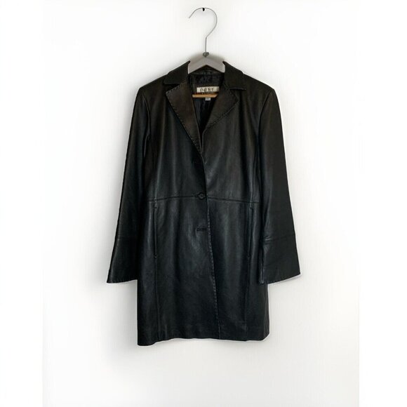 Nine Company Soft Leather Coat Black Button Front Pockets Lined Sz M Grunge Y2K - Picture 1 of 14